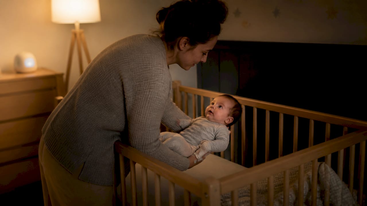 Parent laying drowsy baby in crib