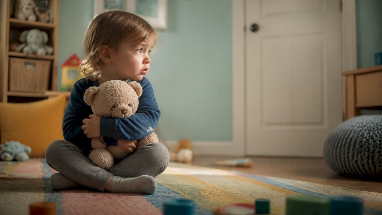 Toddler hugging toy looking at open door at bedtime