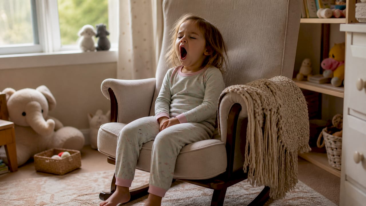 Tired toddler yawning resisting nap