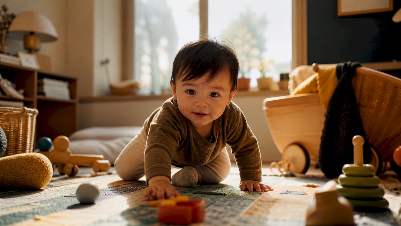 One-year-old baby crawling on play mat