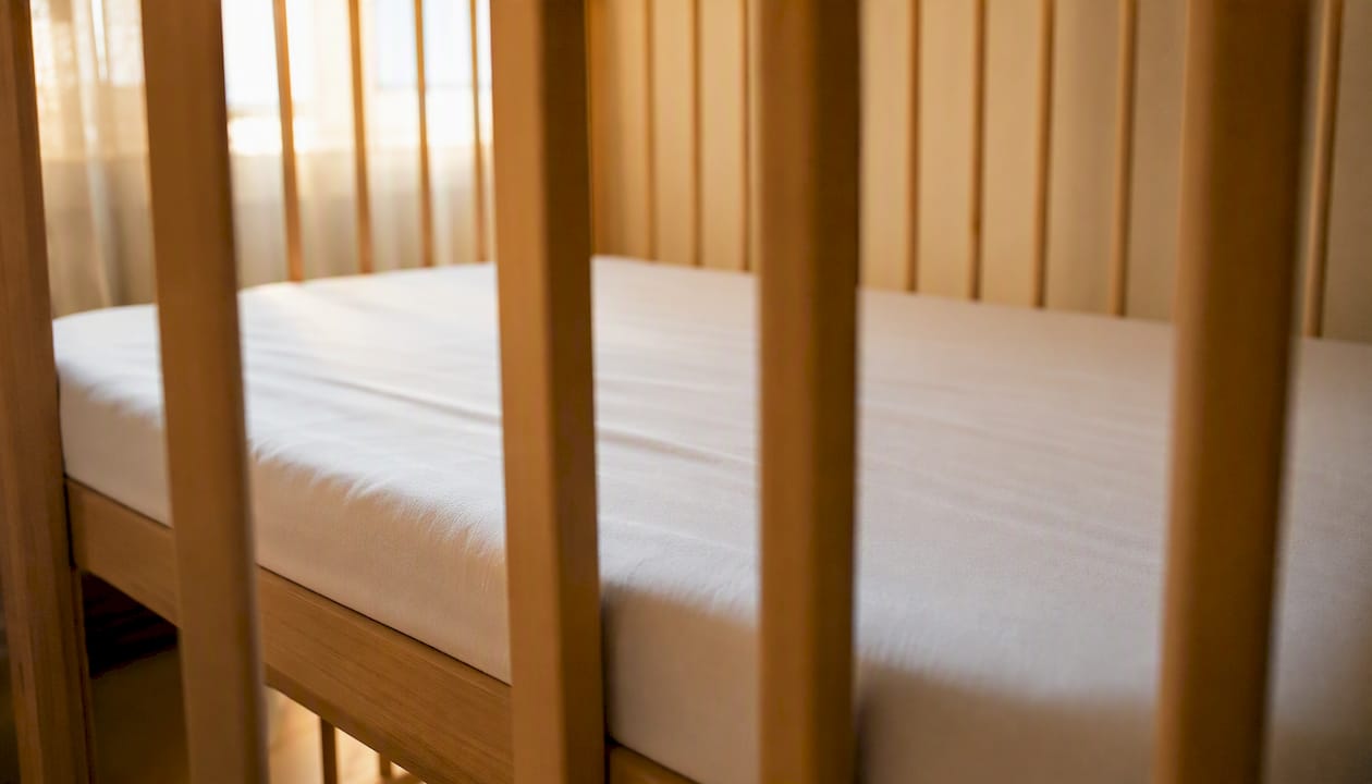Close-up snug mattress in baby crib