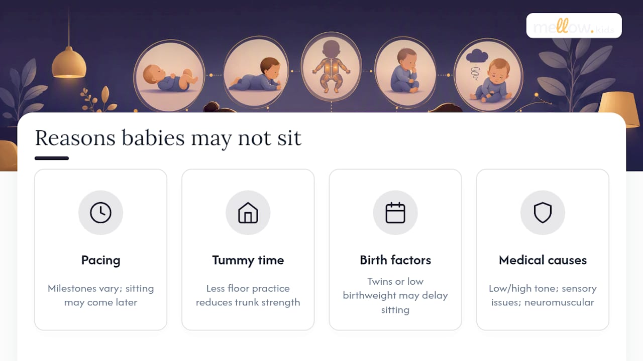 Diagram of common causes for delayed sitting in babies