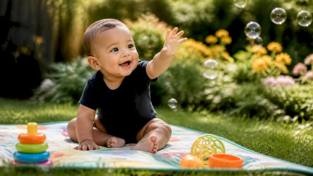 Baby reaching for bubbles while sitting supported