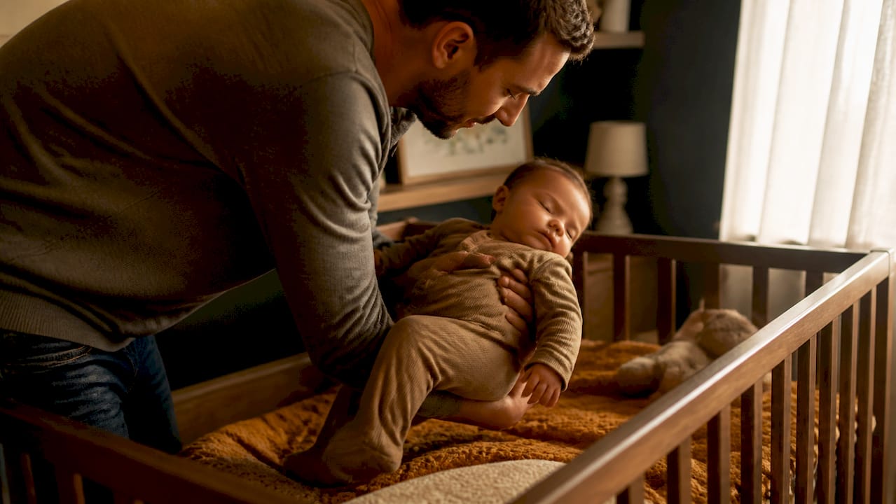 Parent lowering drowsy baby into crib