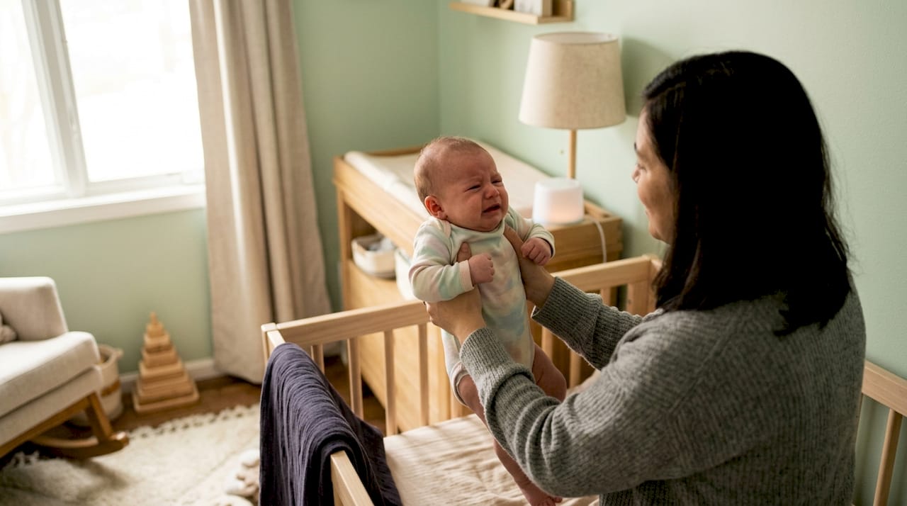 Parent gently picking up fussy baby