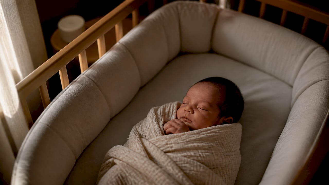 Peacefully swaddled newborn sleeping in morning light