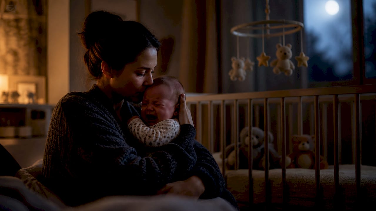 Parent soothing crying baby at night
