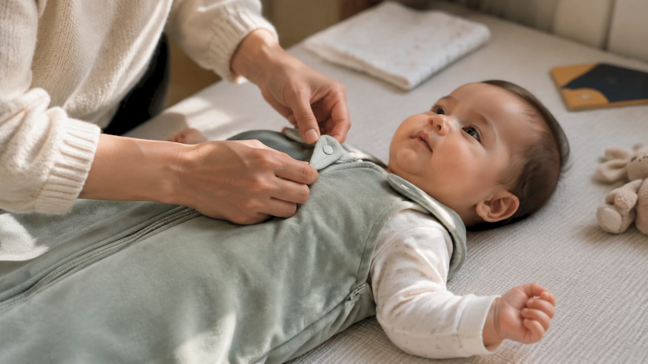 Caregiver fastening infant sleep sack