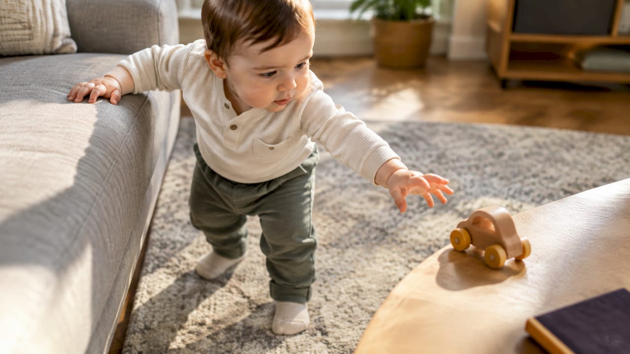 Baby reaching while releasing furniture