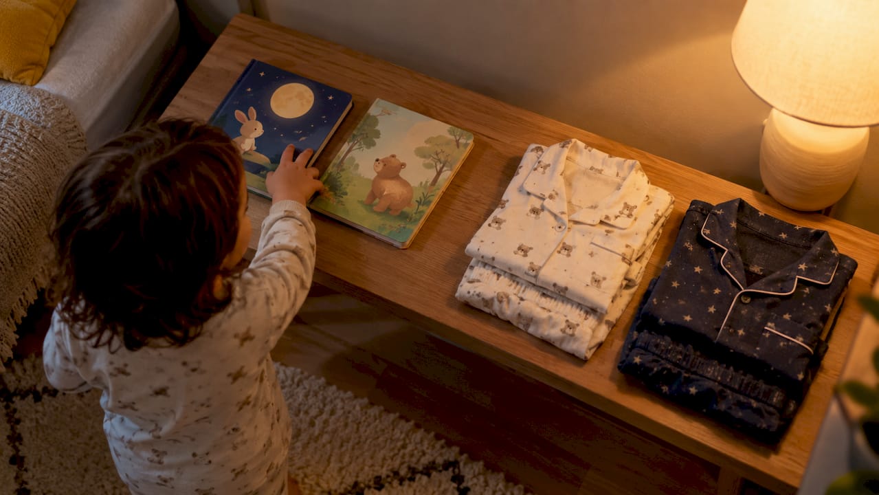 Toddler choosing between books and pajamas