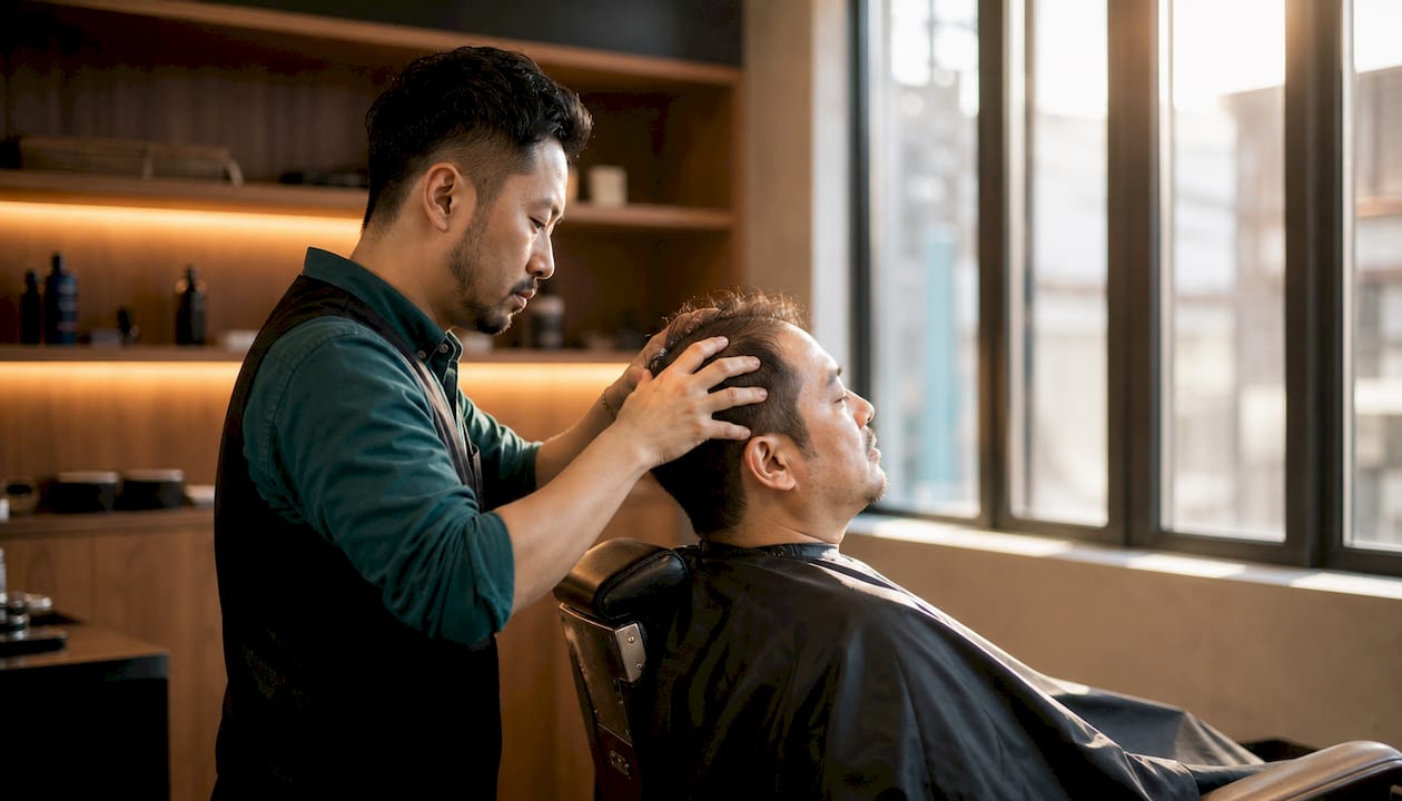 Barber jemne masíruje pokožku hlavy klientovi, ktorému začínajú rednúť vlasy.