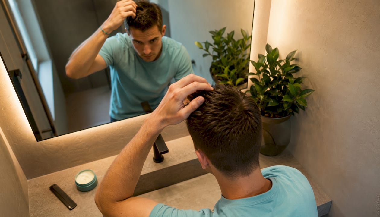Barber opatrne vpracováva vosk do vlasov svojho zákazníka.