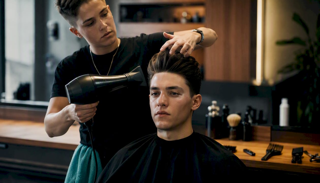Barber precízne tvaruje pompadour účes, detail na ruky a fén pri úprave vlasov.