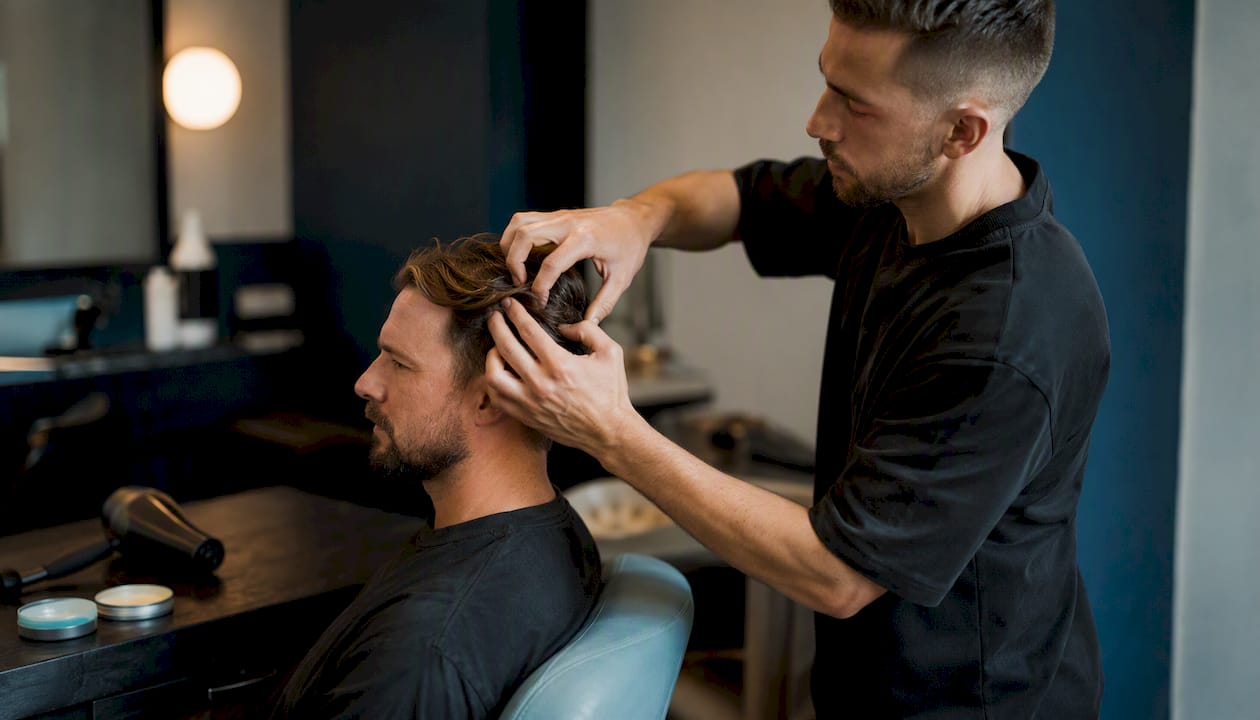 Barber nanáša vosk na vlasy zákazníka.