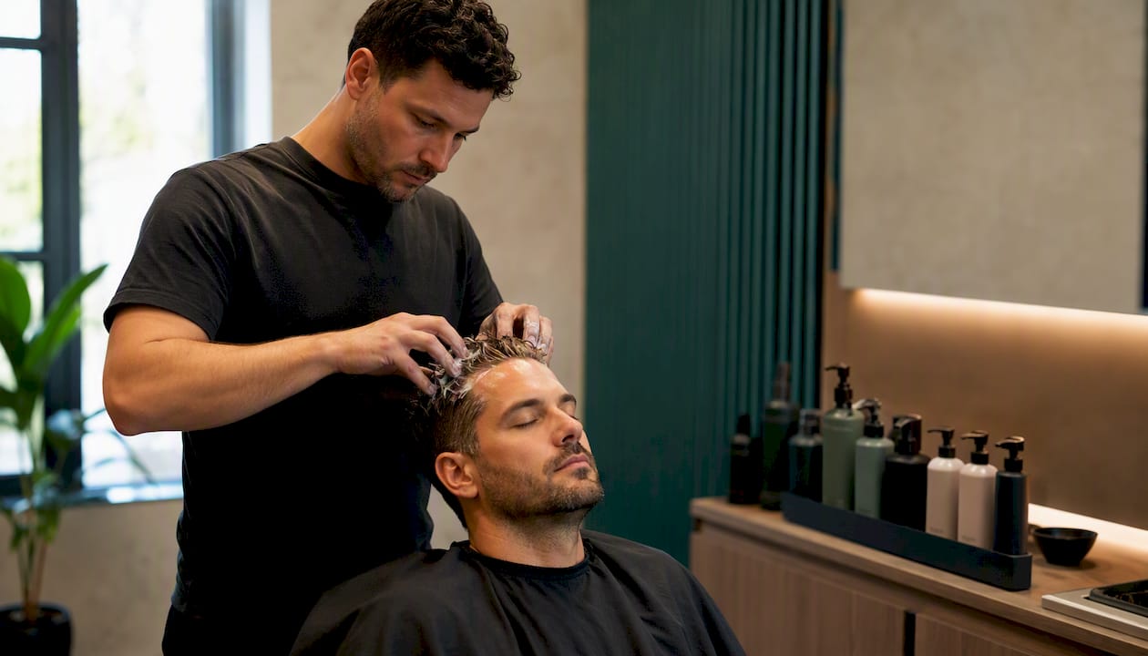 Barber v salóne starostlivo nanáša čistiacu kúru na vlasy svojho zákazníka.