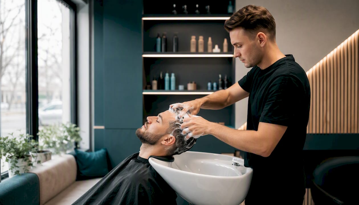 Barber jemne vmasírováva šampón do vlasov a pokožky hlavy, pričom zákazník si užíva príjemný relax.