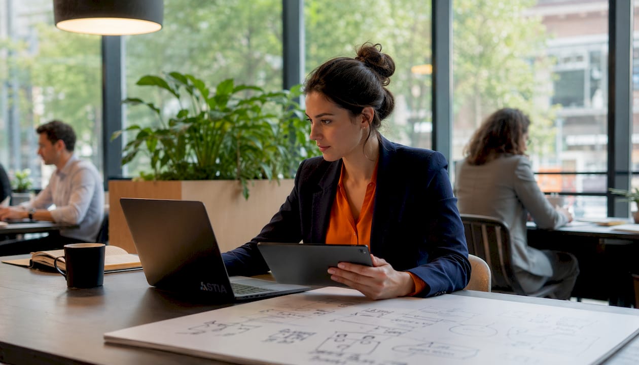 Vrouw aan het werk met cloudtechnologie