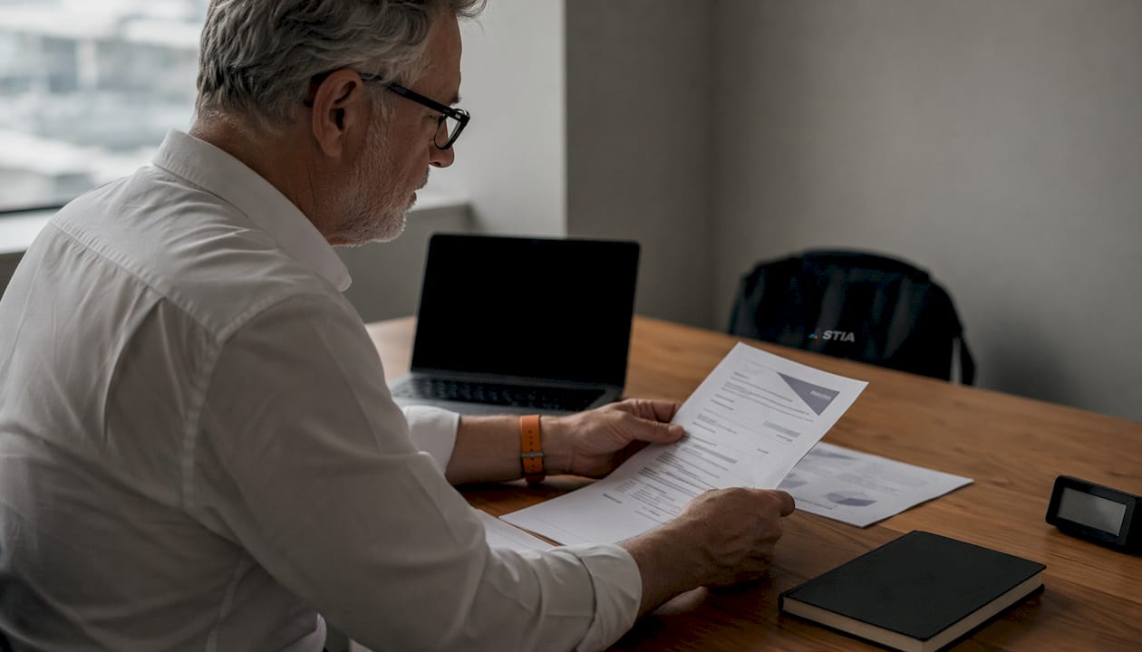Een man controleert het compliance-certificaat aan zijn bureau op kantoor.