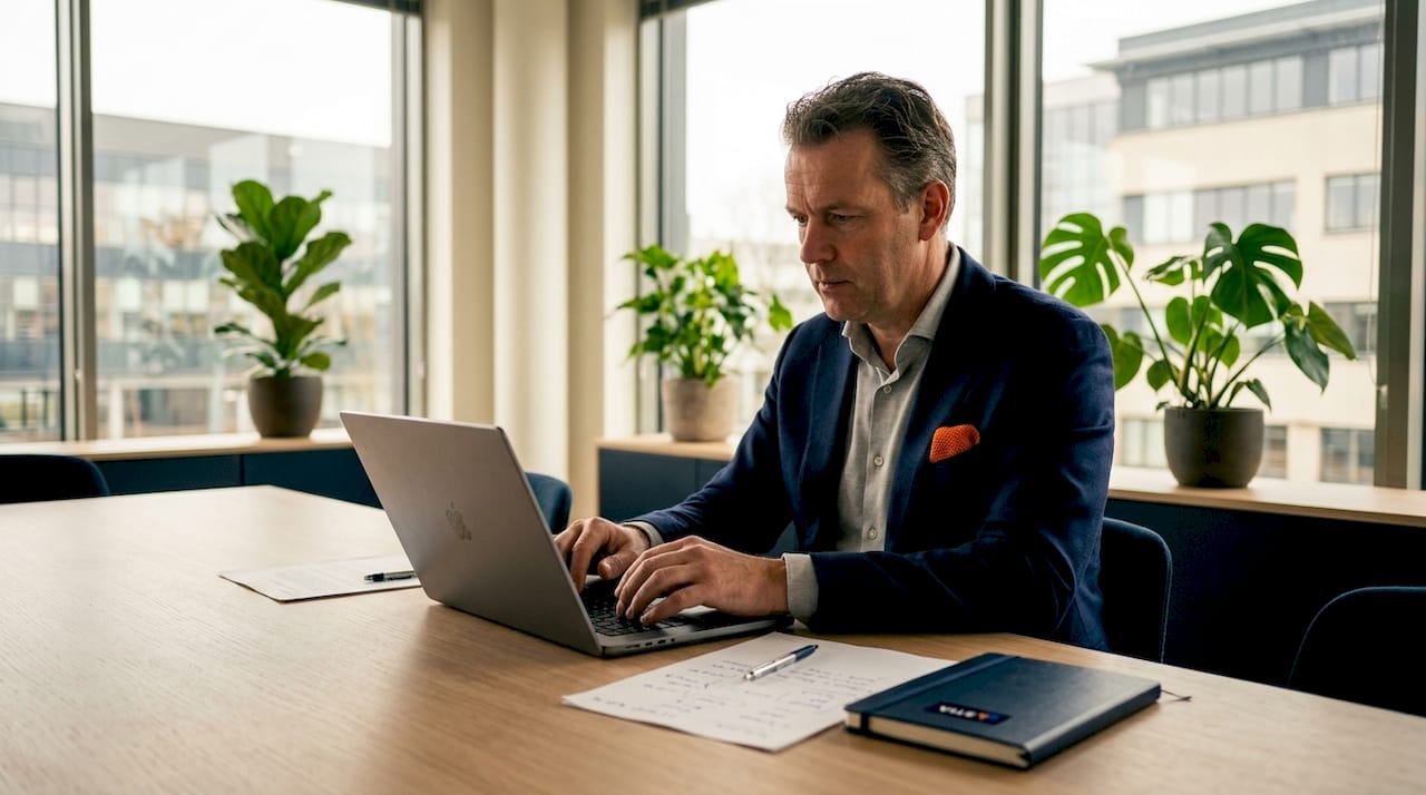 Een zakenman werkt op kantoor aan zijn digitale werkplek in de cloud.