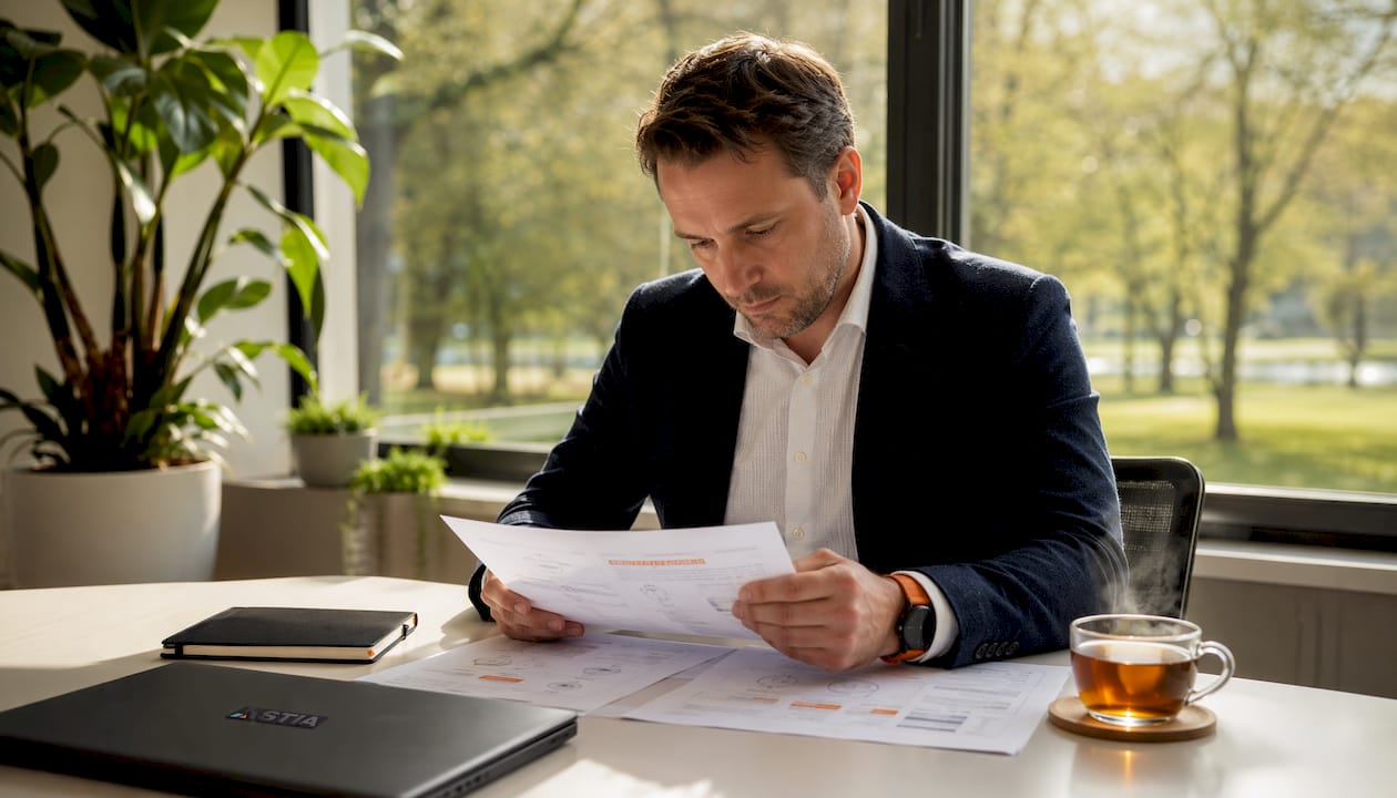 Een IT-consultant die op kantoor cloudovereenkomsten doorneemt.