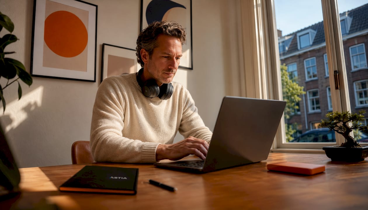Een medewerker van een mkb-bedrijf werkt vanuit huis op een laptop met een AVD-omgeving.