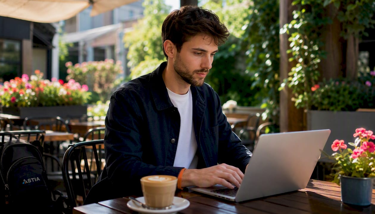 Jonge man past zijn Outlook-webmail doorstuurinstellingen aan terwijl hij in een café zit.