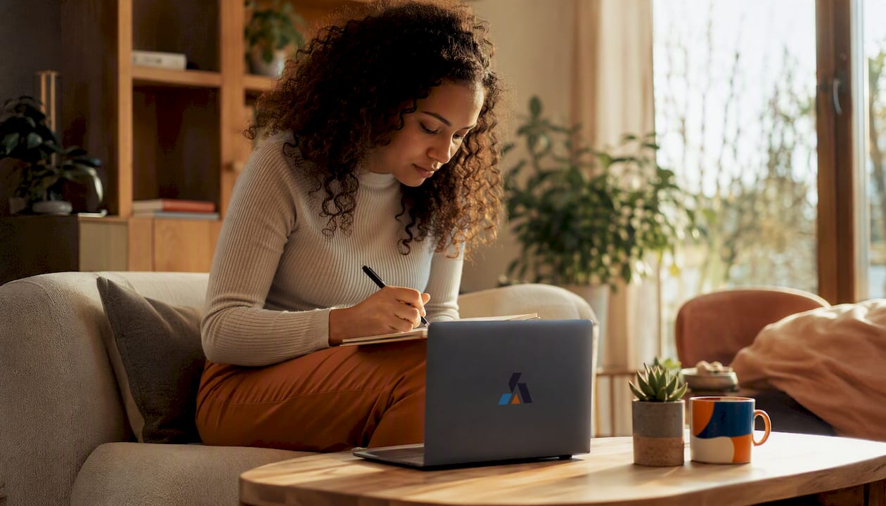 Een vrouw die vanuit huis haar verkoopactiviteiten beheert op haar laptop.