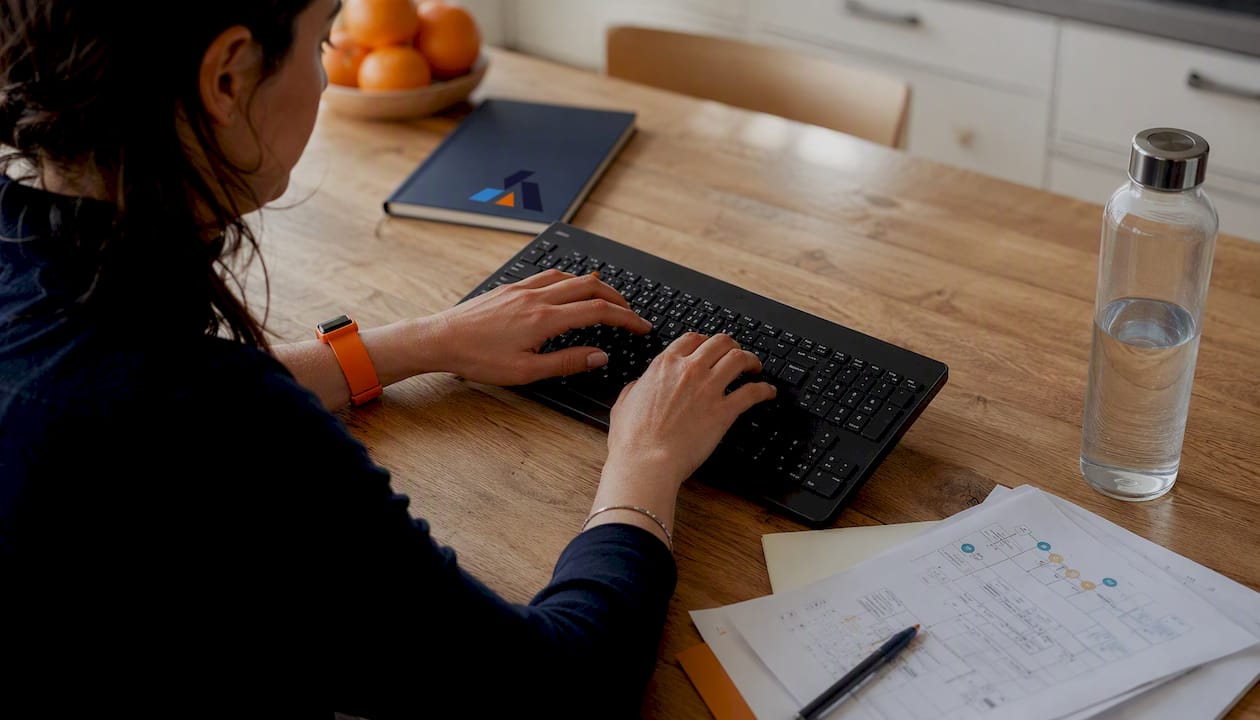 Handen op het toetsenbord tijdens het monitoren van de Microsoft 365 pilot