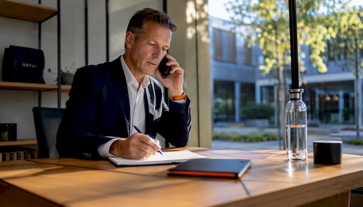 IT’er houdt meerdere ballen in de lucht achter zijn bureau, terwijl hij telefoneert en aantekeningen maakt.