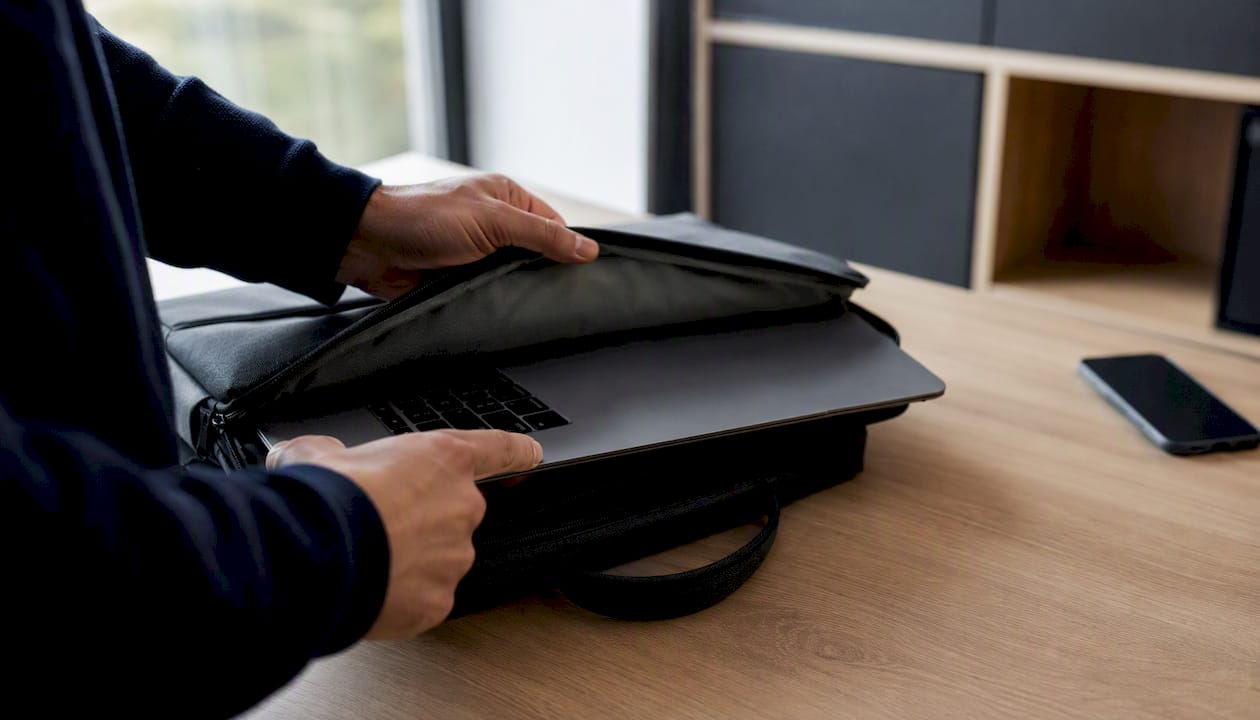 Het zorgvuldig inpakken van je zakelijke laptop bij het verlaten van het bedrijf