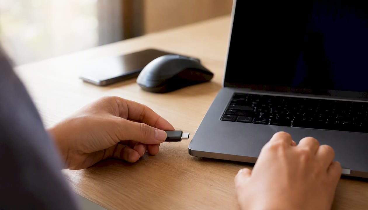Iemand steekt een USB-stick in een laptop.