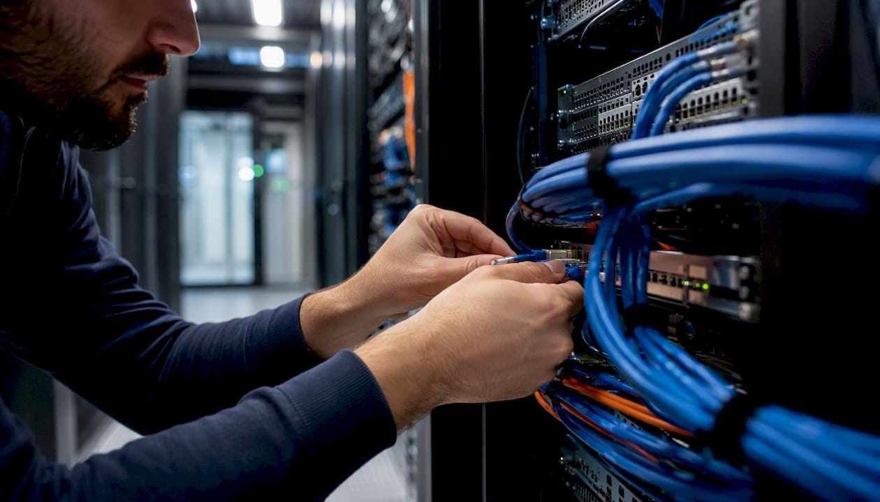 Een paar handen sluit een netwerkkabel aan in een serverkast.
