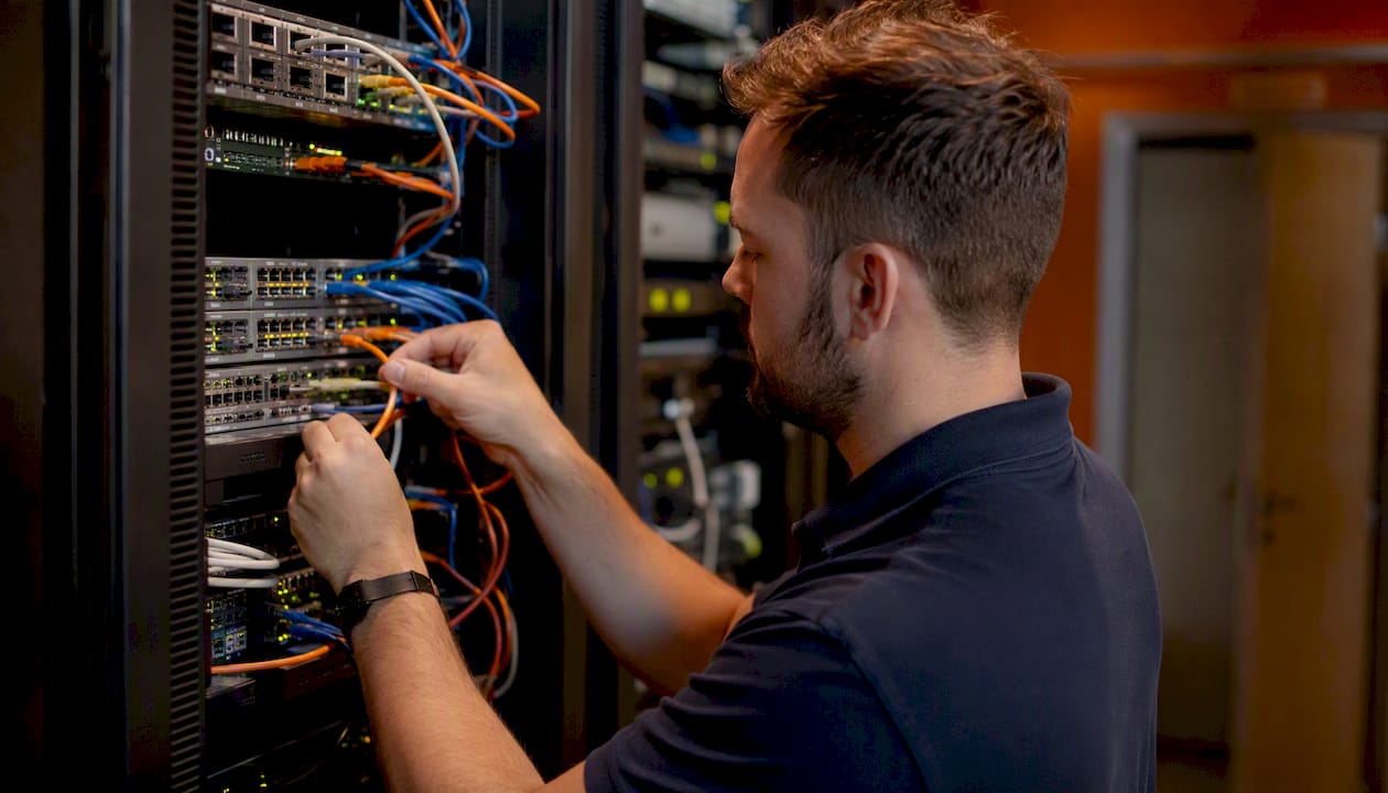 Een paar handen sluit een netwerkkabel aan op een IPv6-router.