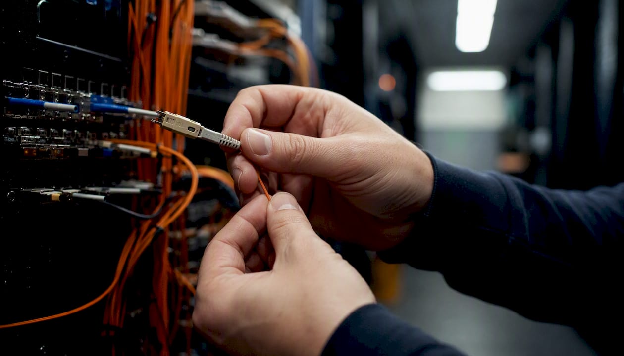 Handen controleren zorgvuldig een glasvezelconnector