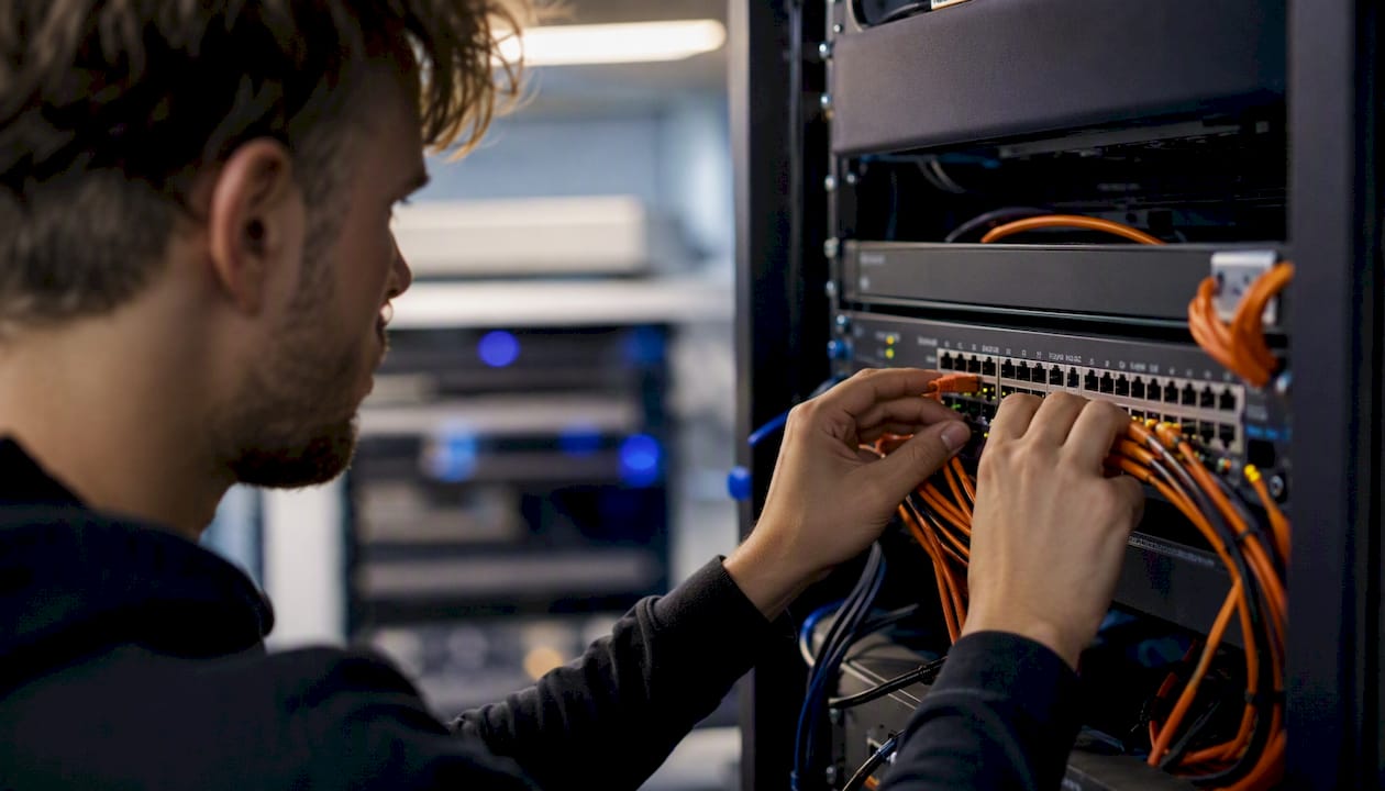 Een technicus sluit netwerkbekabeling aan op een switch.