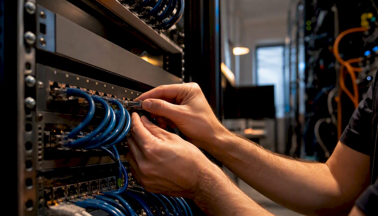 Handen die netwerkkabels aansluiten in een serverruimte