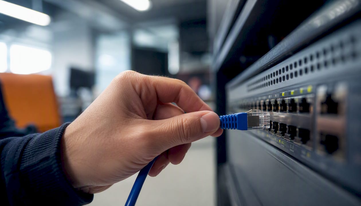 Een Cat6a-netwerkkabel aangesloten op een switch