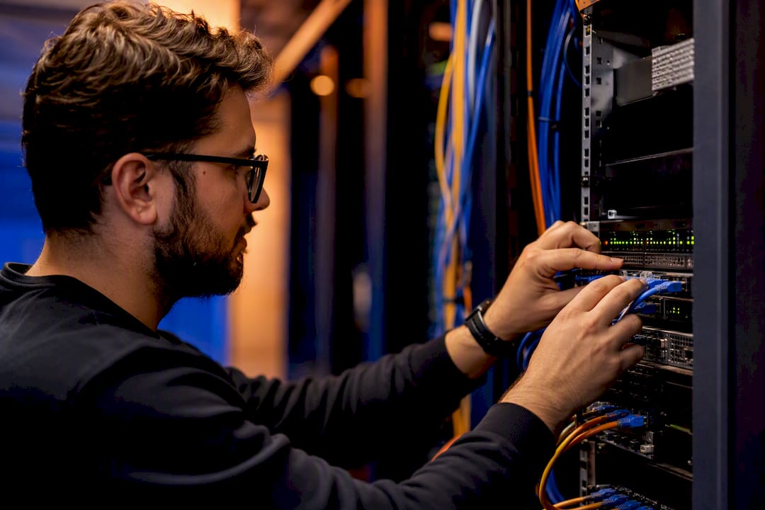 Handen die kabels aansluiten en instellingen aanpassen op een netwerkswitch.