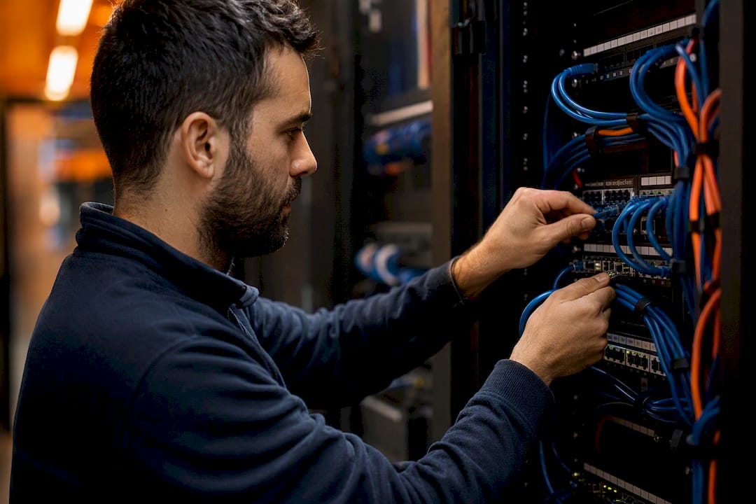 Handen die een netwerkkabel aansluiten in een serverkast