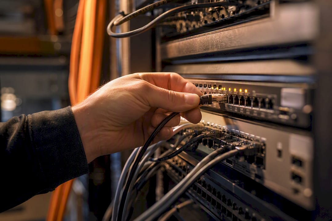Hand die een kabel in een netwerkswitch steekt