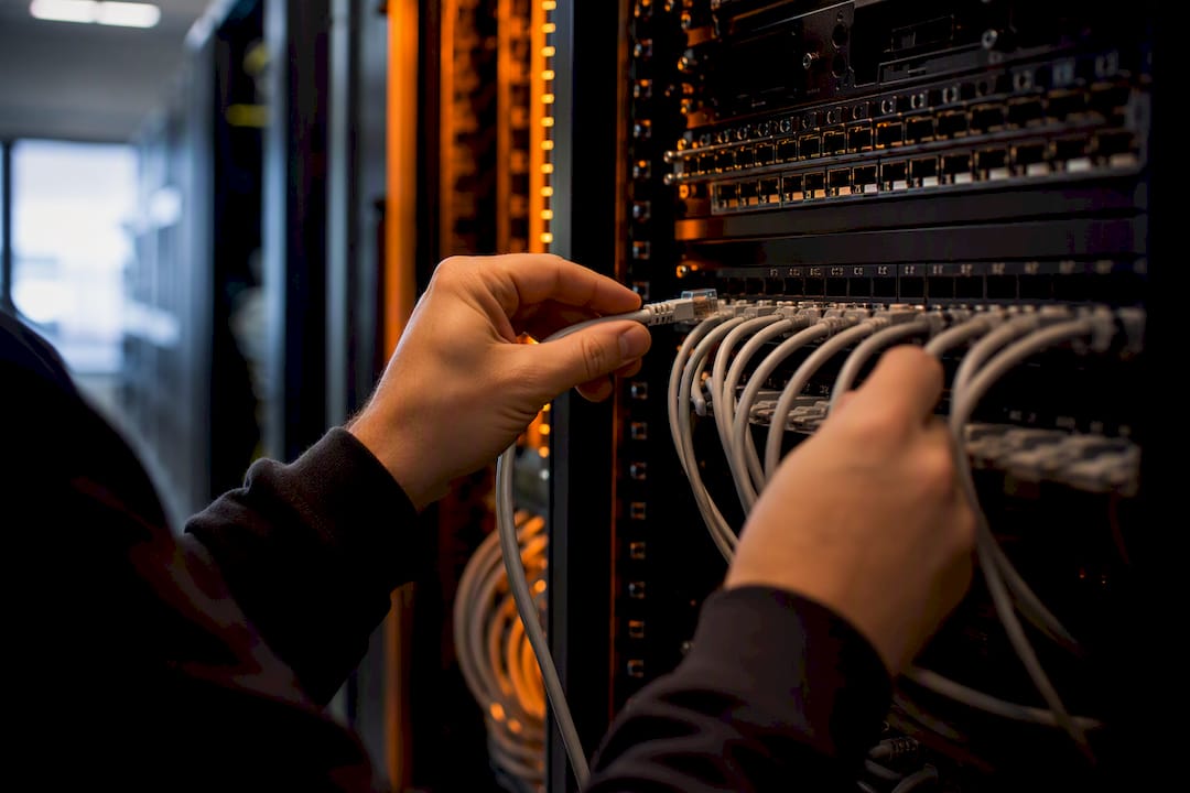 Handen die een netwerkkabel aansluiten in een IT-ruimte