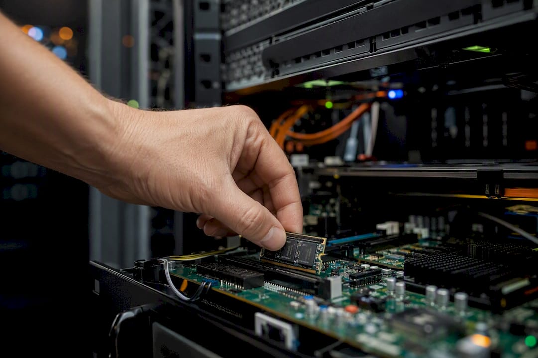 Handen die een TPM-module in een server aansluiten