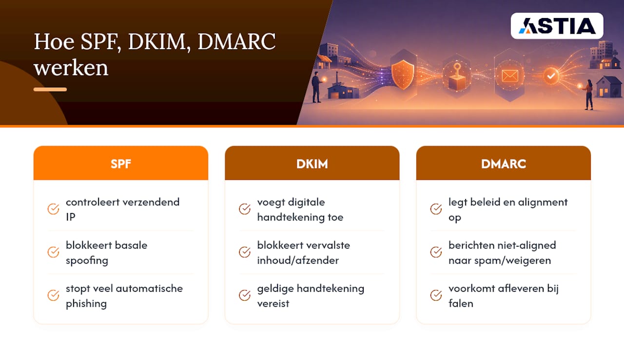 Waarom SPF, DKIM en DMARC phishing en spoofing tegenhouden — overview diagram