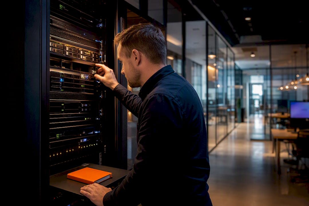 IT-beheerder kijkt serverstatus na in een MKB-omgeving