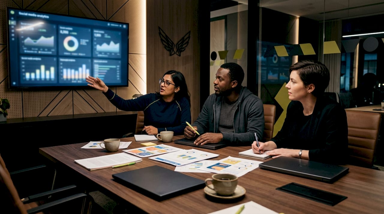 Team collaborating over franchise marketing tools