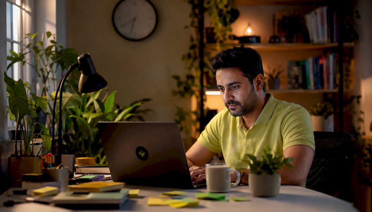 Marketing professional working on laptop