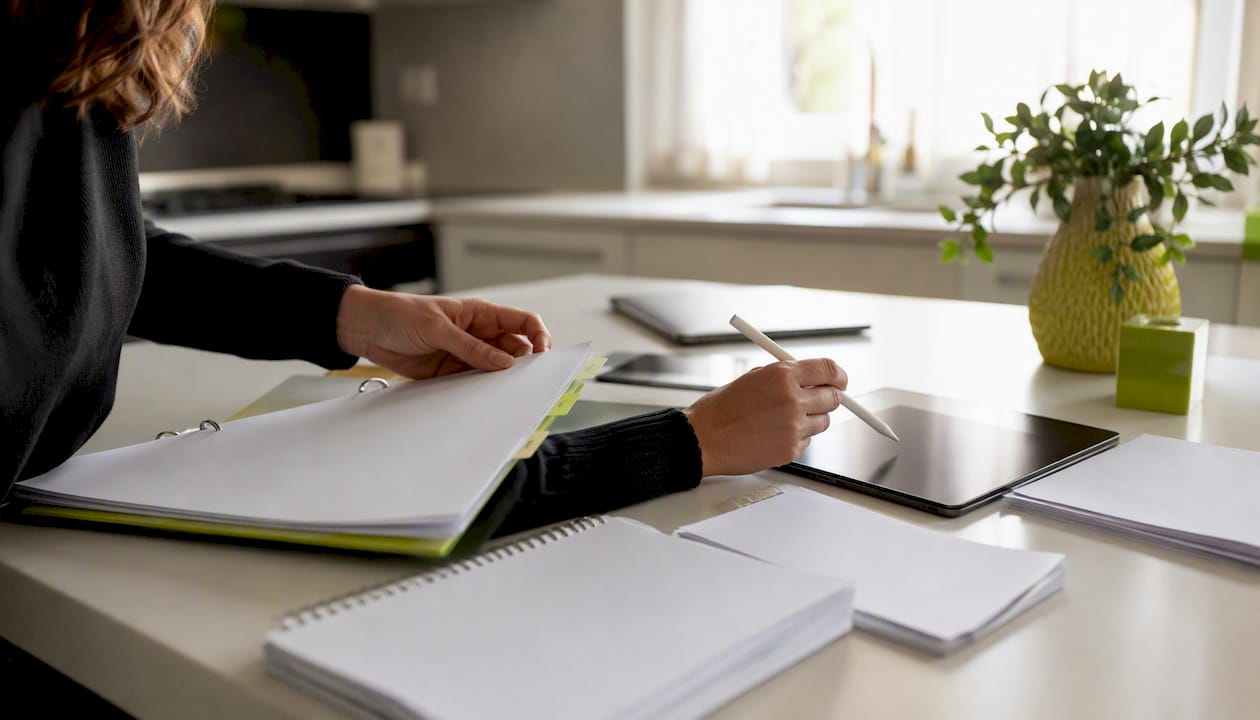Hands arranging franchise operational standard materials