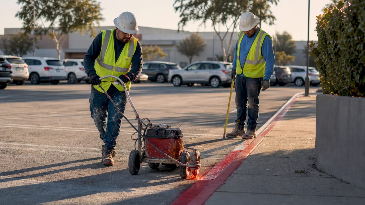 Workers painting fire lane curb red outdoors