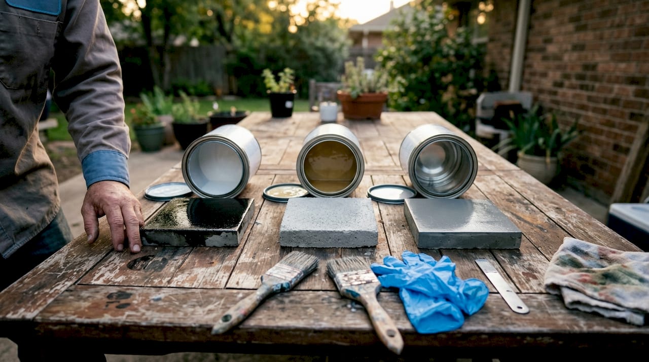 Close-up of concrete sealer types with surface samples