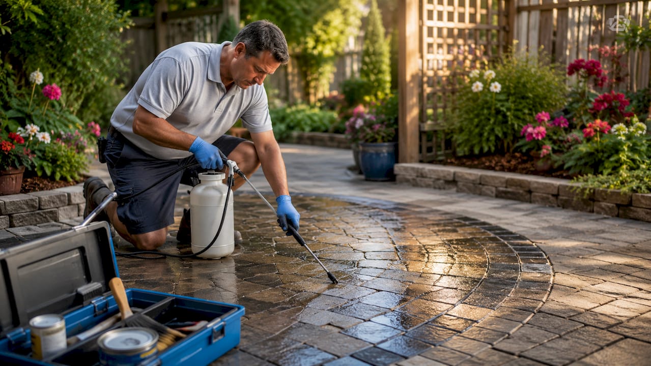Technician applying sealant on residential pavers